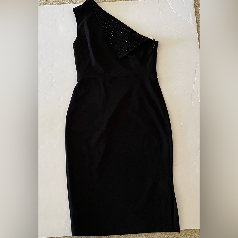 Calvin Klein One Shoulder Black Rhinestone Embellished Sheath Dress